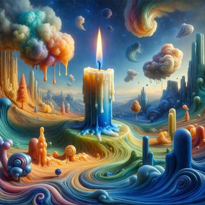 The primary subject of the image is a lit candle, which is placed in the center of the scene. The setting is a surreal landscape with a variety of colorful and whimsical elements. The visual style is a combination of digital art and illustration, creating a vibrant and imaginative atmosphere. The dominant colors are blue, orange, and yellow, which contribute to the overall mood of the scene.